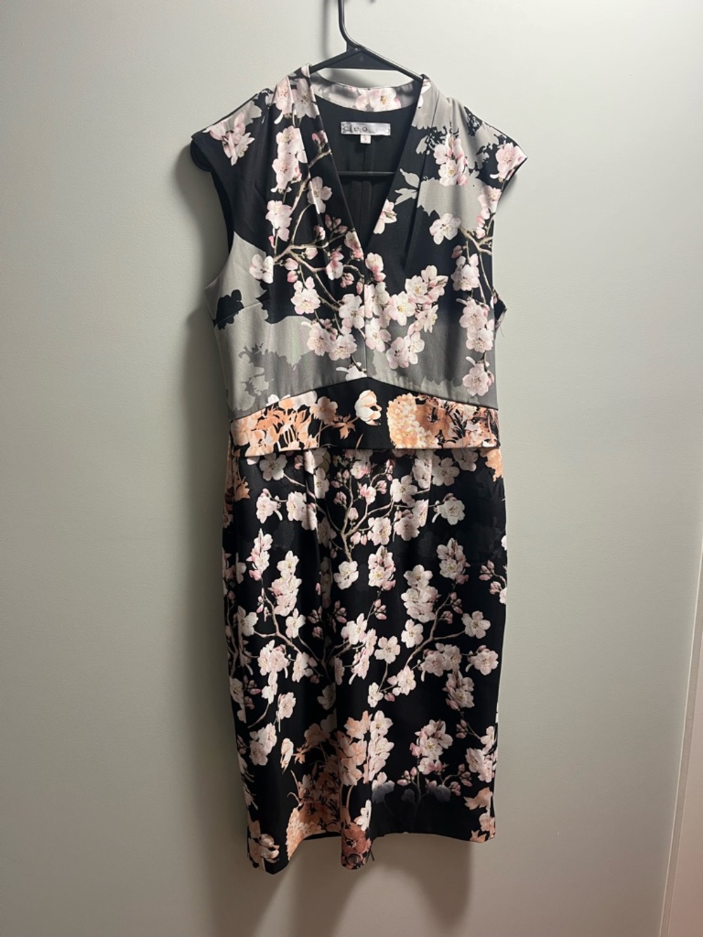 cleo Black Floral V-Neck Midi Dress with Blush Accents
